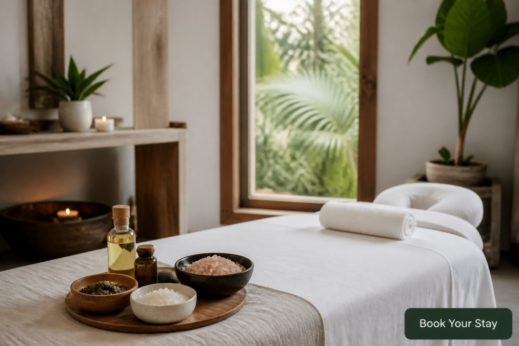 A serene treatment room with soft natural light, a massage table draped in white linen, and bowls of therapeutic salts and oils arranged nearby