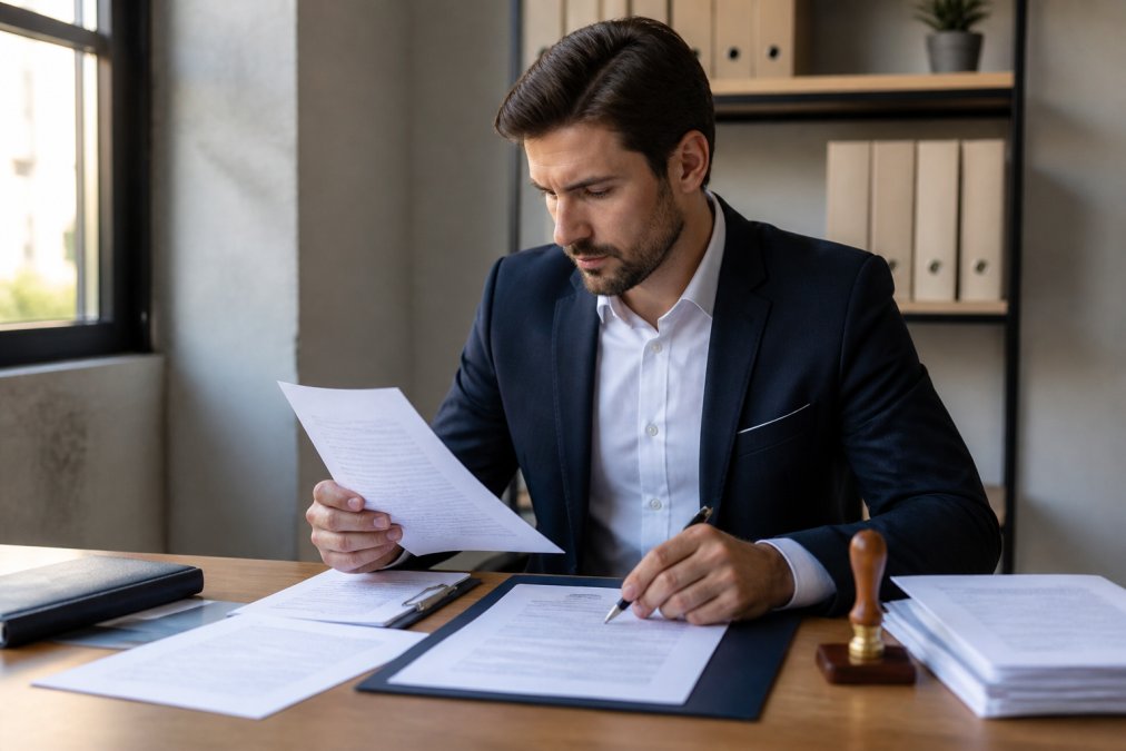 Business founder reviewing legal documents and notary papers at a desk with laptop, pen, and official forms visible under natural office lighting