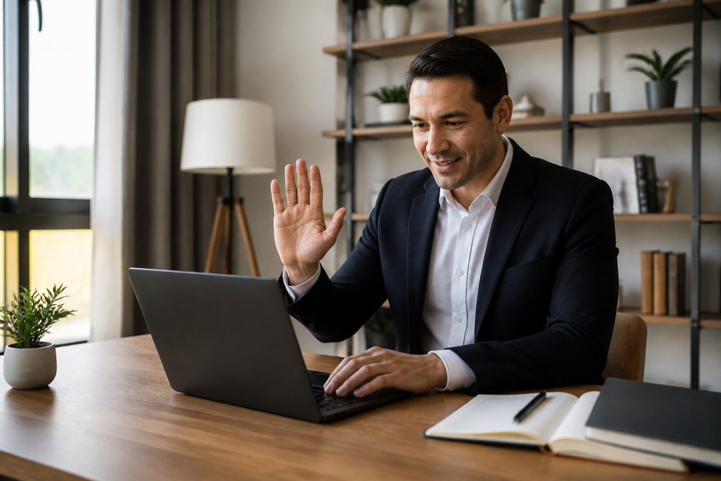 Professional in business attire conducting video call on laptop in modern home office with natural window lighting, representing remote business setup and international communication