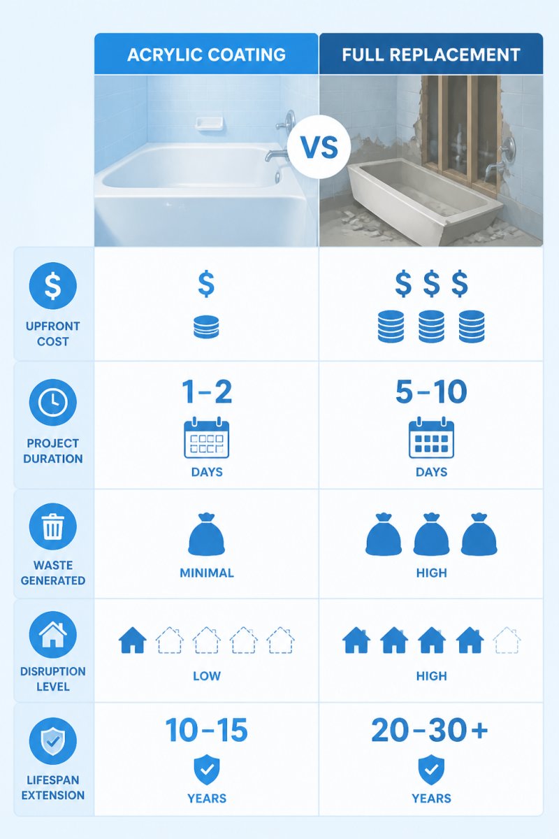 Comparison matrix showing acrylic coating vs full replacement across five criteria: upfront cost, project duration, waste generated, disruption level, and lifespan extension