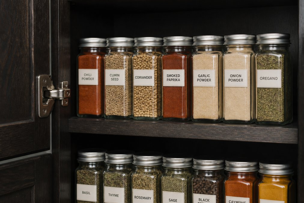 Organized collection of glass spice jars with clear labels stored in a cool, dark cabinet, away from heat and sunlight, with labels clearly visible showing storage organization
