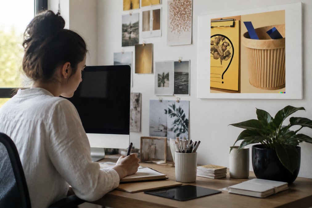 Person at a desk using a computer to write prompts for AI art generation, with reference images and design inspiration pinned on the wall nearby, natural window lighting illuminating the workspace