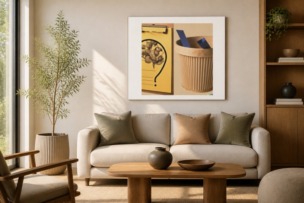 Modern living room with AI-generated wall art displayed above a sofa, showing customized digital art with warm tones and geometric patterns that complement contemporary furniture and natural wood elements, soft afternoon lighting from large windows