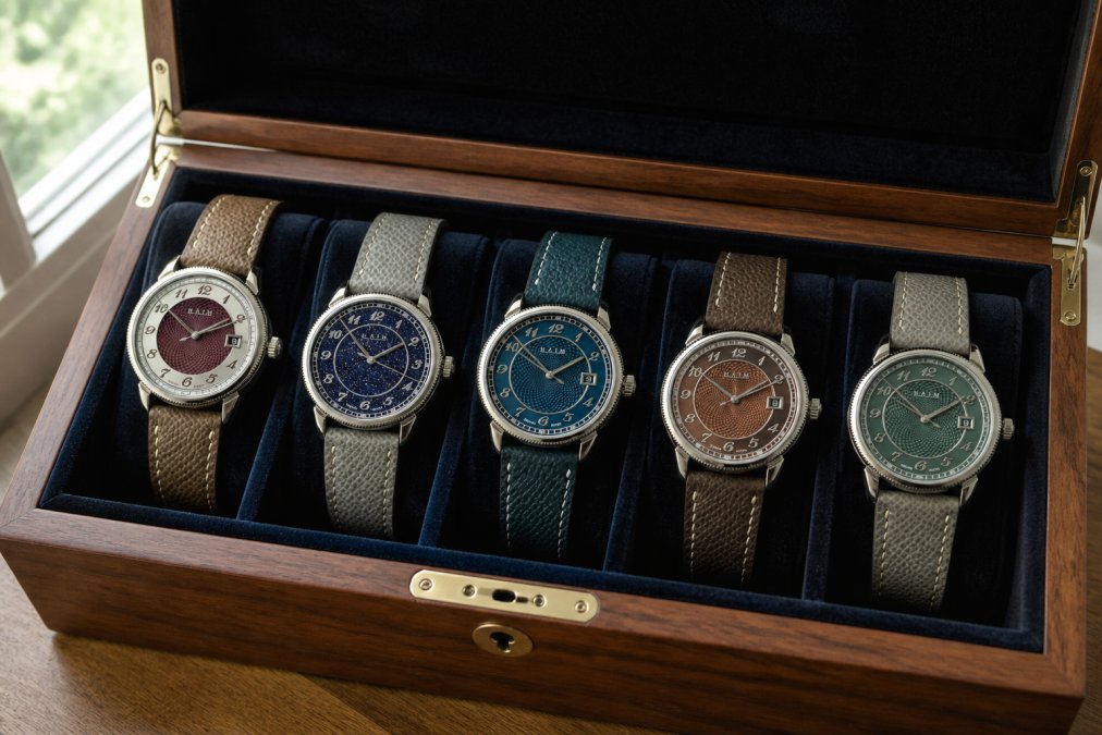 Wooden display case containing five American-made watches with ornate dials arranged on dark velvet, showing variety in finishes and dial designs, natural window light illuminating the collection