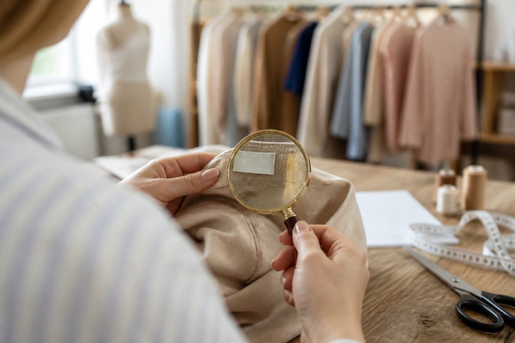 Hands using a magnifying glass to inspect a Made in USA clothing label, highlighting why choose american made women apparel