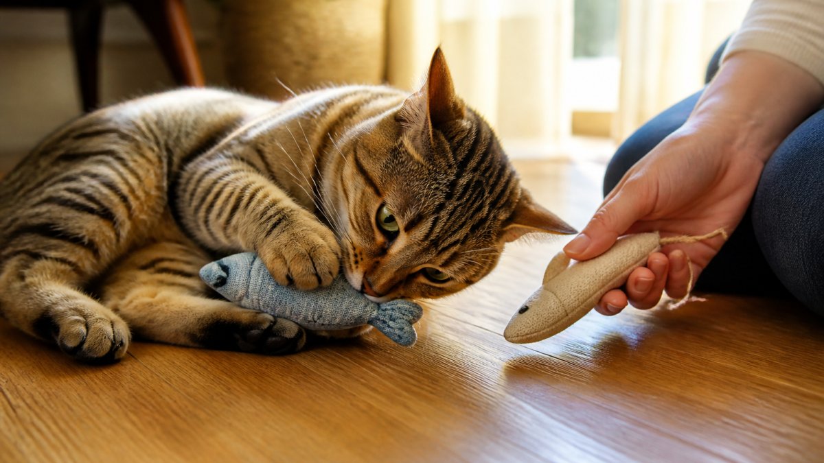 A close-up photo of a cat playing with a handmade fish-shaped catnip toy on a wooden floor, with a person's hand gently holding another toy nearby, soft afternoon light from a window