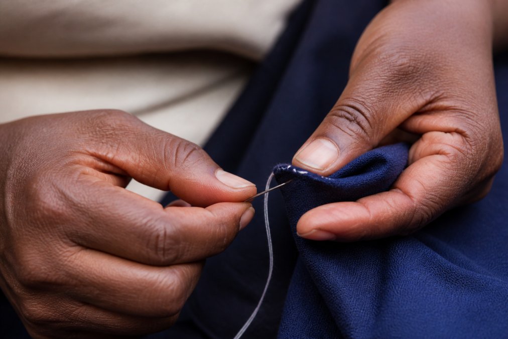 Close-up of hands carefully stitching fabric by hand, showing detailed needlework with precision and natural lighting highlighting the texture of artisan work