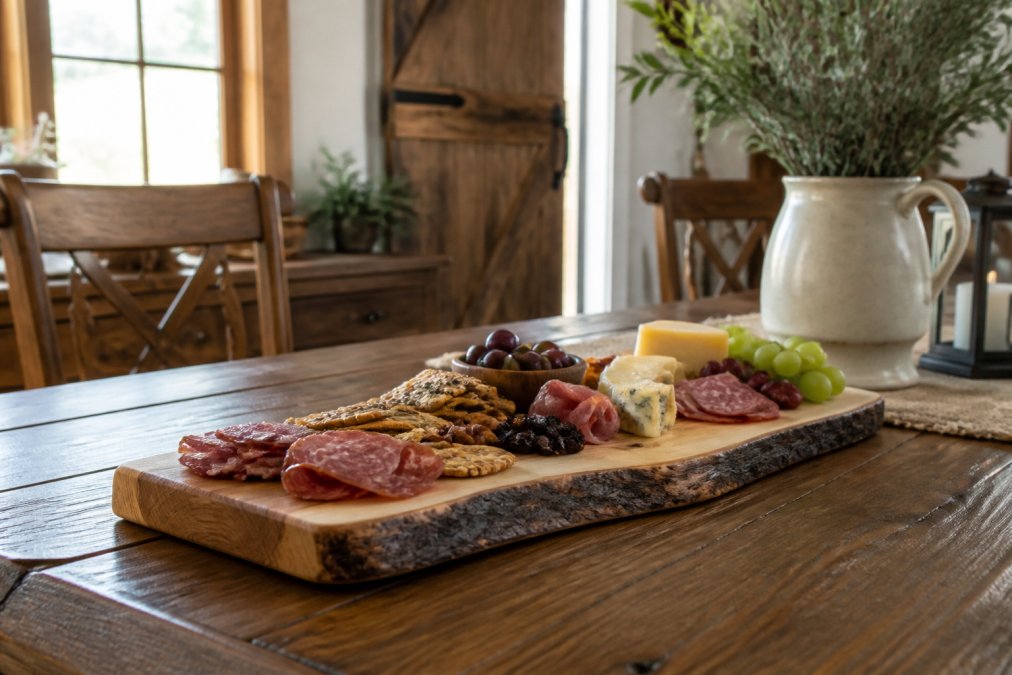 A beautifully finished handcrafted wooden charcuterie board with live edges displayed on a dining table in a warm, rustic farmhouse setting with natural afternoon light streaming through windows