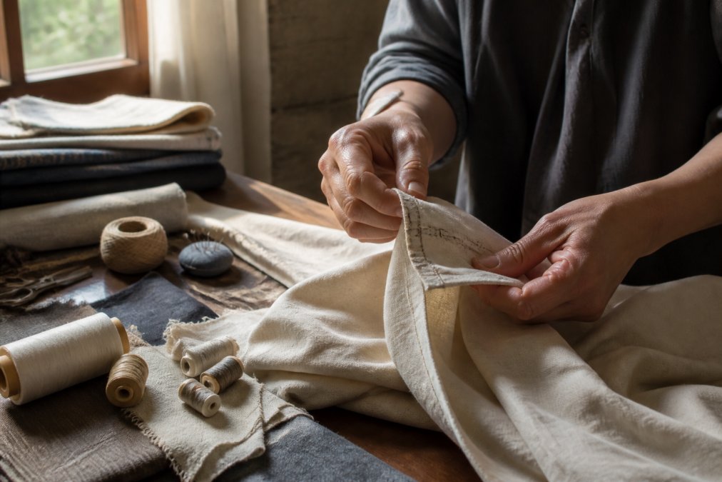 Close-up of hands examining detailed stitching on a handmade garment, fingers tracing seams with natural window lighting illuminating the fabric texture and thread work
