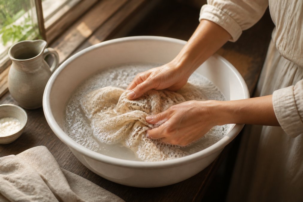 Hands gently hand-washing a delicate vintage-inspired garment in a ceramic basin with soft, warm natural lighting from a nearby window, showing careful attention to fabric care