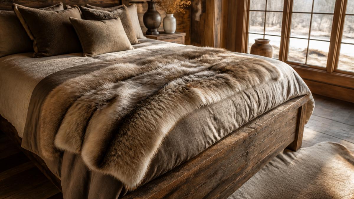 A rustic bedroom with a wooden bed frame, a natural fur throw blanket draped diagonally across the foot of the bed over layered neutral linens, soft morning light through large windows, warm earthy tones