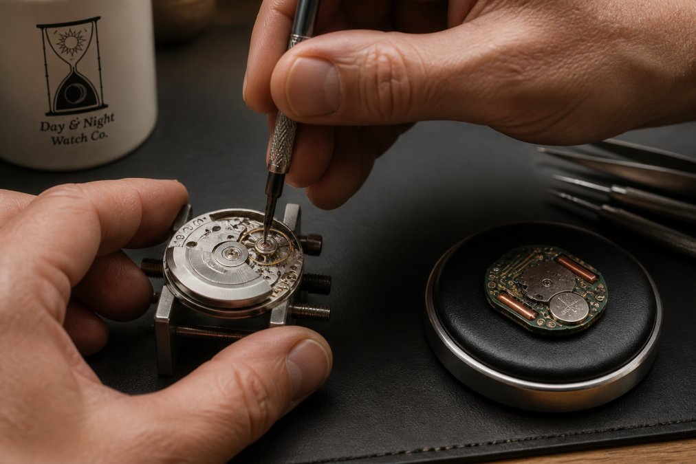 Watchmaker adjusting the balance wheel of an automatic watch movement with a quartz movement nearby