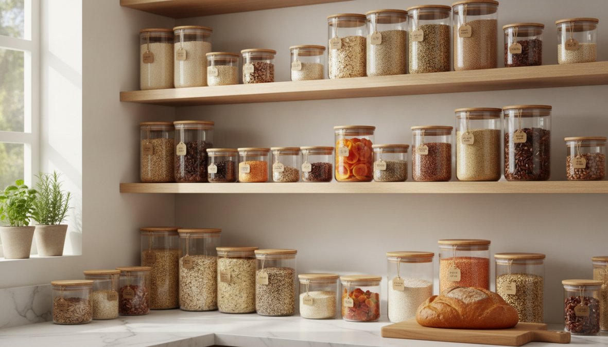 Organized bamboo kitchen storage containers on a bright kitchen shelf displaying various dry goods like pasta, rice, and cereals, with natural light highlighting wood grain and minimalist aesthetic