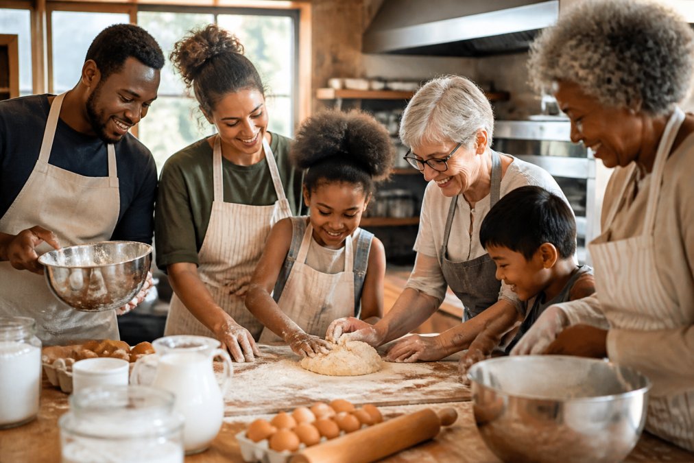 A diverse multigenerational family baking together in a warm kitchen with natural sunlight streaming through windows, including Black, white, and other ethnicities, with children and adults of various ages laughing and working with baking ingredients
