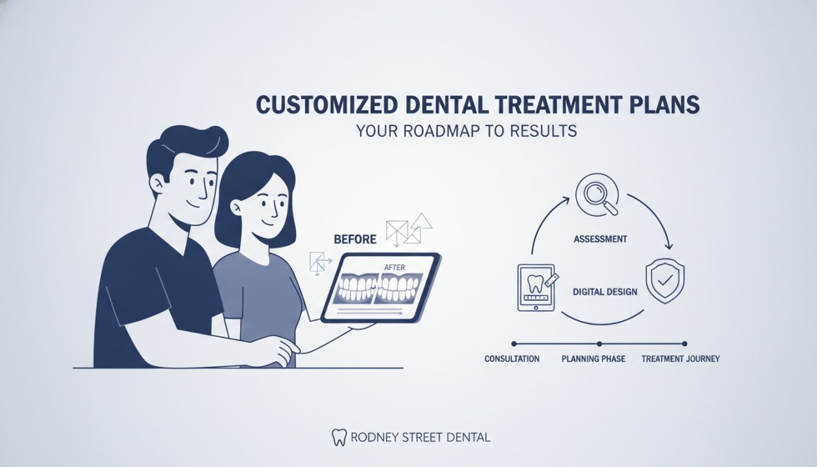 Patient in consultation with dentist reviewing digital smile design on a tablet screen in modern dental practice, showing warm collaborative treatment planning moment with natural lighting