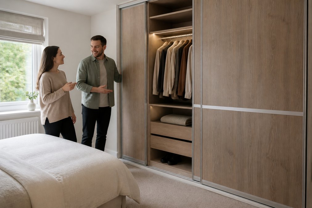 Woodgrain sliding wardrobe with open doors revealing interior shelves, hanging rails, and storage drawers