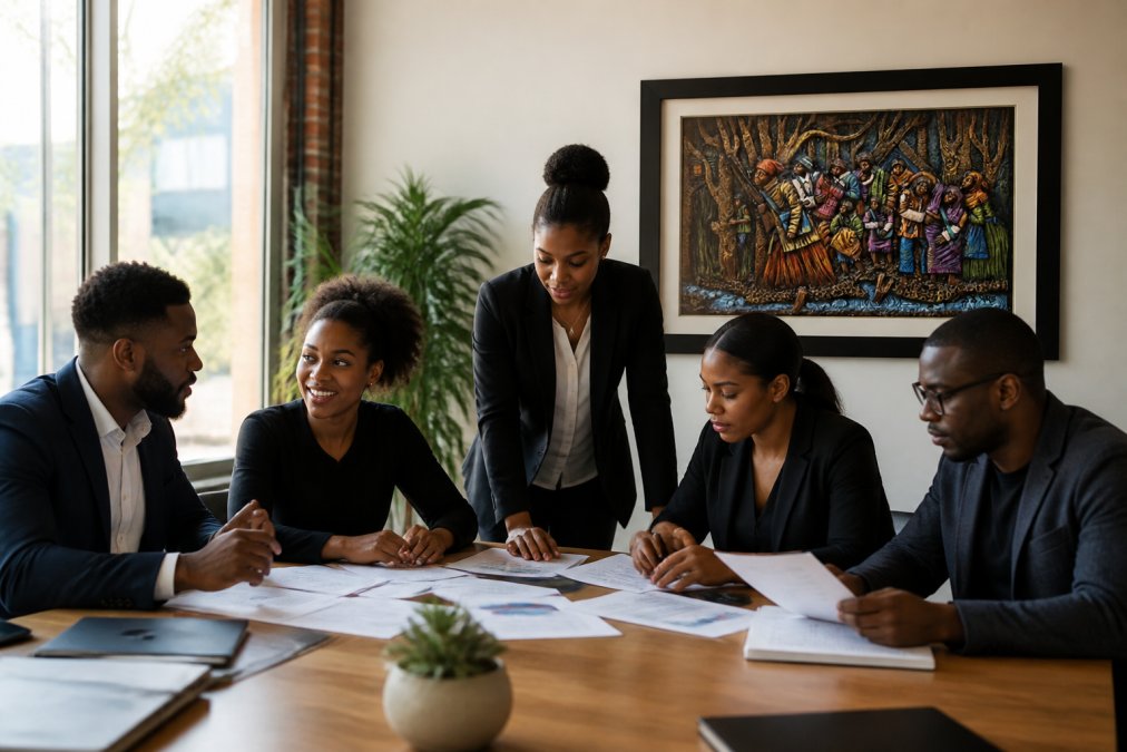 Black entrepreneurs and business owners collaborating in a modern office space, reviewing business documents and growth strategies with natural window lighting