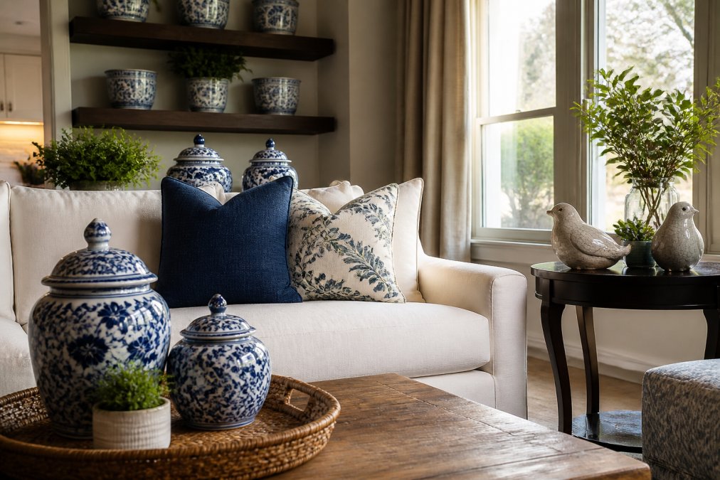 Well-styled living room featuring handcrafted ceramic ginger jars in blue and white tones, white chinoiserie cachepots on floating shelves, and ceramic bird figurines arranged on side tables, with natural afternoon light streaming through windows highlighting the texture and detail of each piece