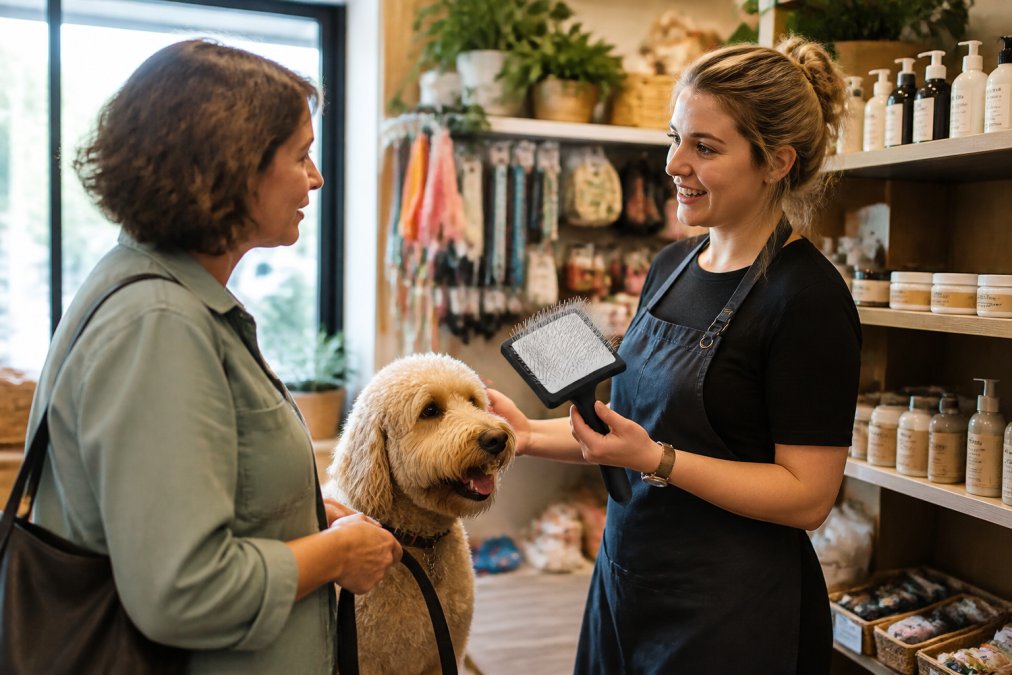 A knowledgeable pet store employee with warm lighting standing beside shelves of carefully curated pet supplies, attentively listening to a customer describe their dog's needs while holding a premium grooming brush