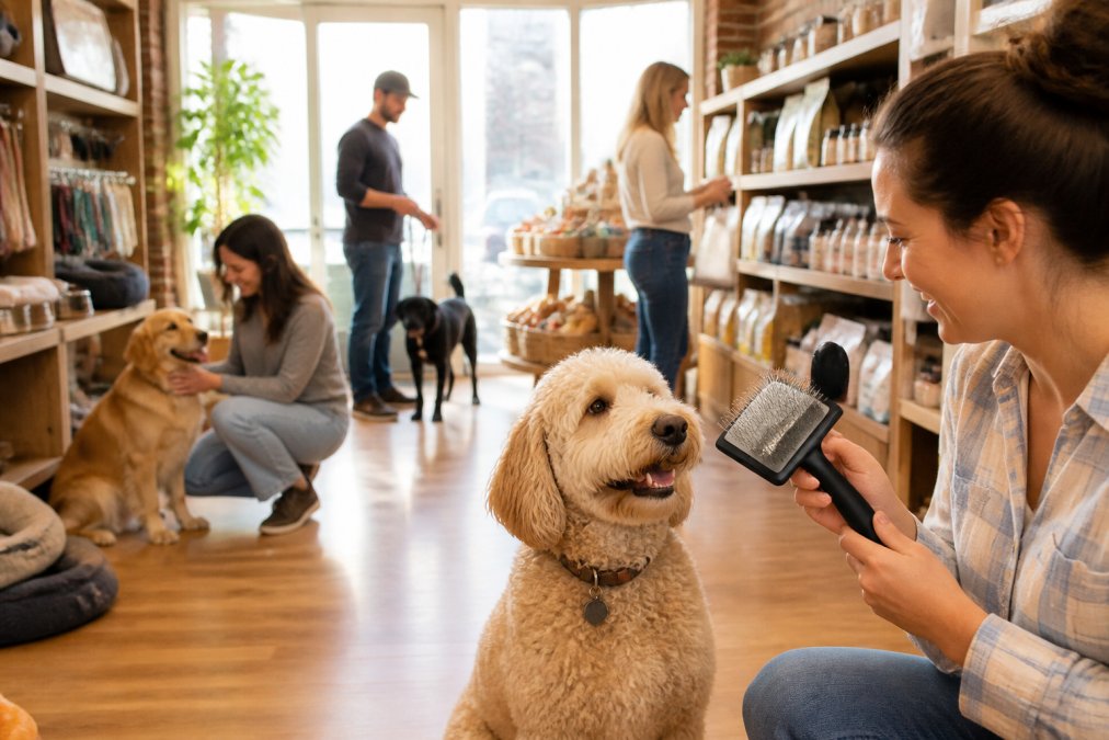 A warm, welcoming boutique pet store interior with natural lighting, pet owners browsing shelves of premium supplies while their dogs interact peacefully on the store floor, creating a genuine community gathering space