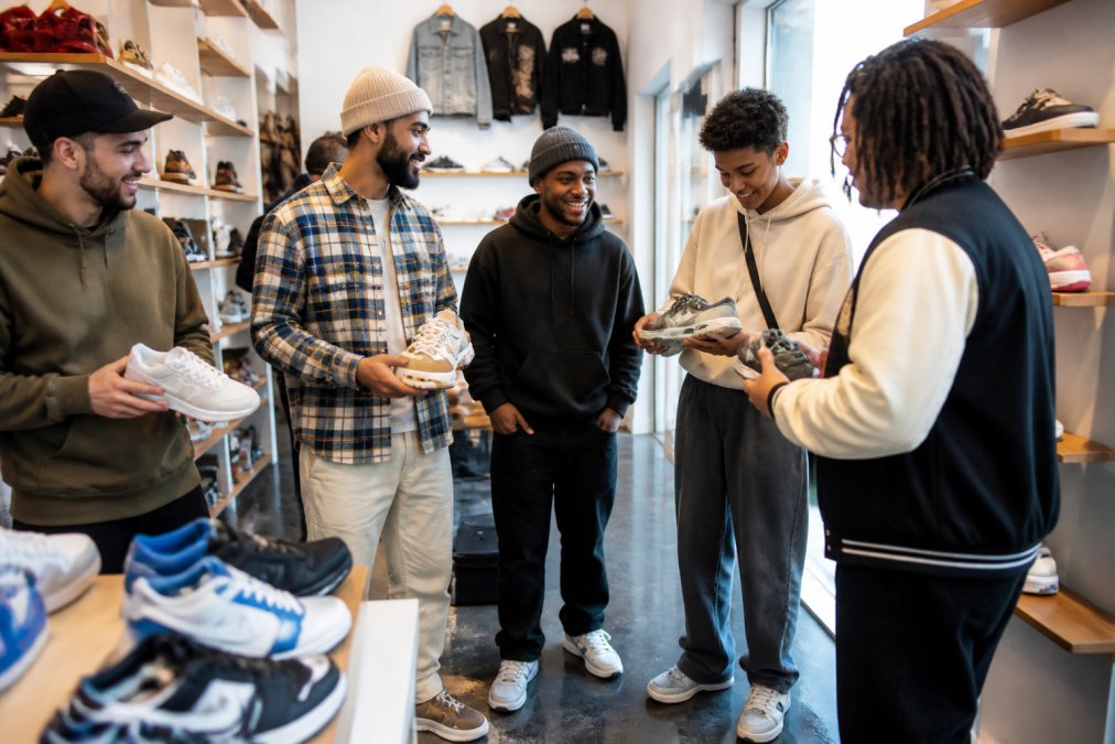 Diverse group of sneaker enthusiasts examining and discussing footwear together in a bright retail space, sharing collections and trading stories