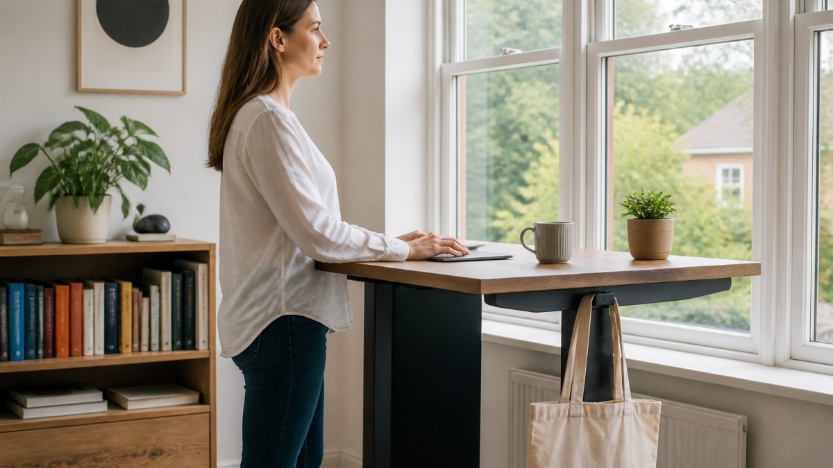 Professional working with good posture at a wooden standing desk in daylight