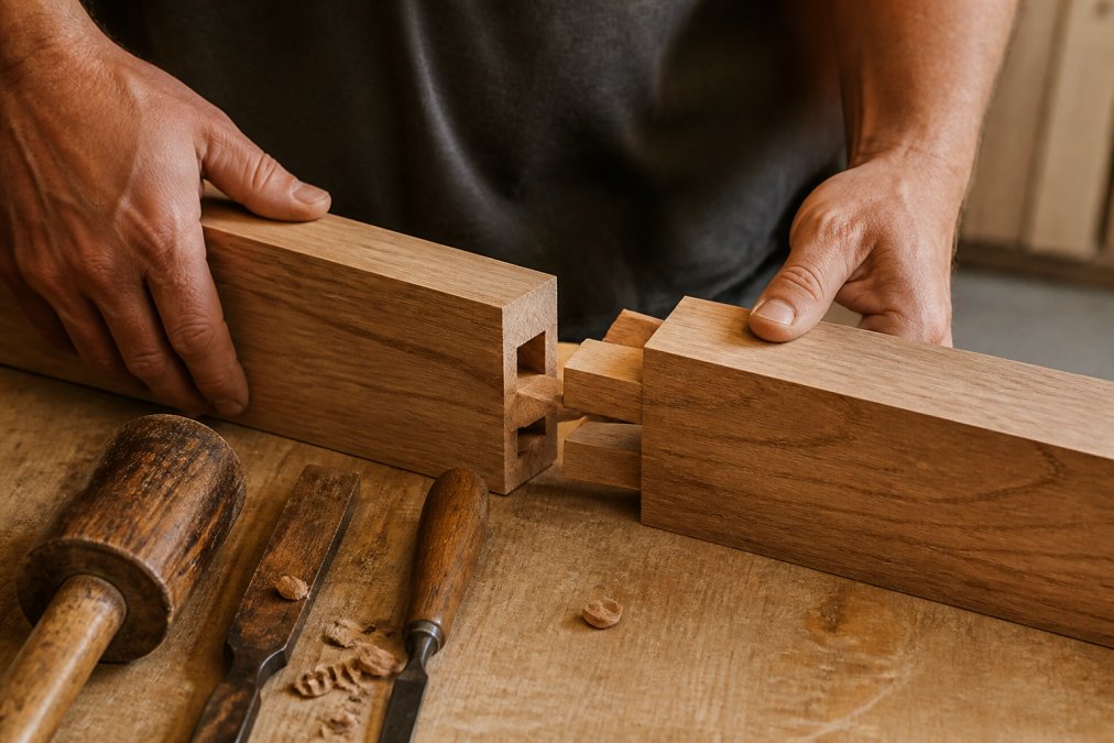 Close-up of skilled craftsperson's hands working on solid wood joinery, showing detailed mortise-and-tenon joint construction with visible wood grain and traditional woodworking tools