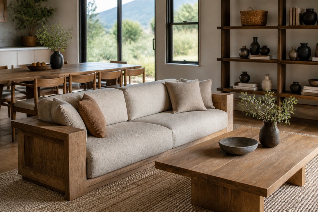 Elegant living room featuring a handcrafted sofa in neutral tones with architectural wooden frame, paired with a solid wood dining table and contemporary shelving, natural light streaming through large windows, showing how quality furniture elevates a California-inspired home interior
