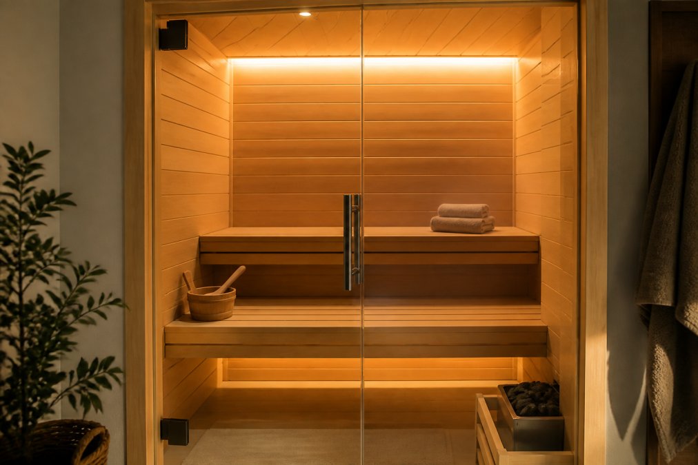 A warm-lit indoor hemlock sauna cabin with a tempered glass door, two tiers of wooden benches, and soft ambient lighting glowing across the natural wood grain, towels folded on the upper bench