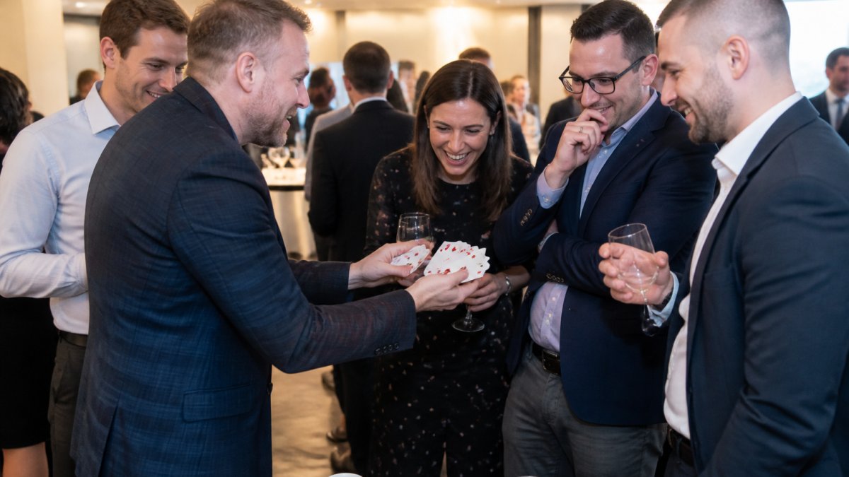 Professional magician performing close-up card trick at corporate event table with guests gathered around, smiling and engaged, natural lighting from venue