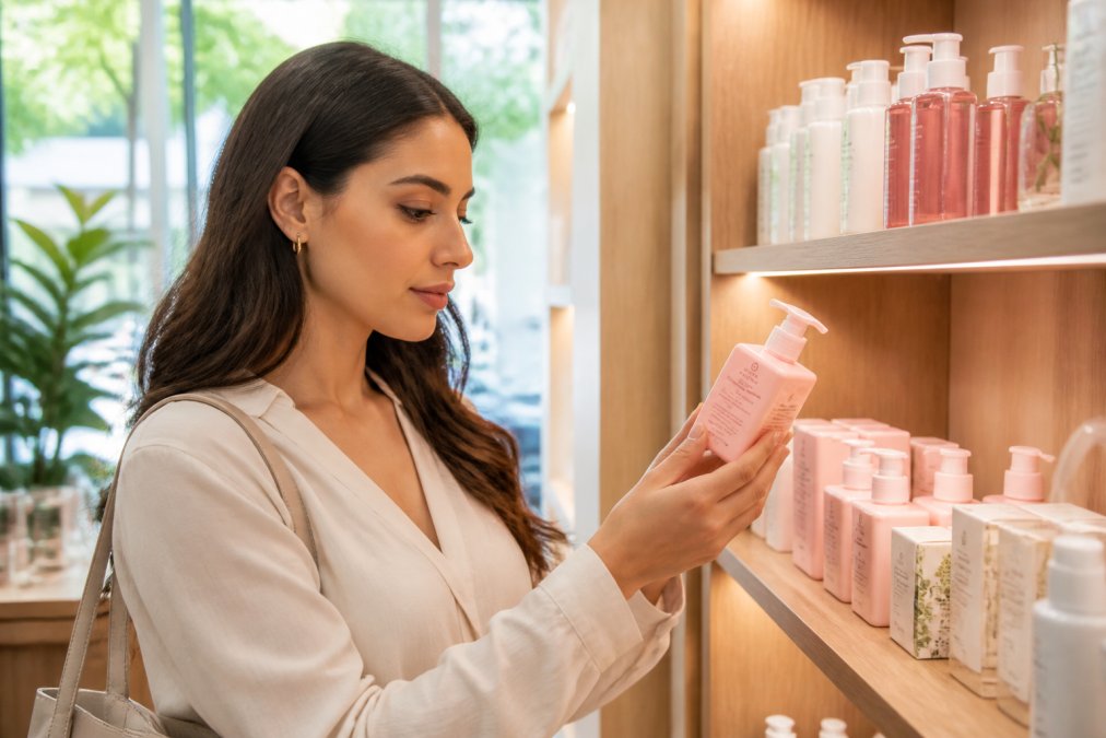 Woman examining beauty products on a boutique shelf, reading ingredient labels closely with natural lighting from large windows, surrounded by organized product displays