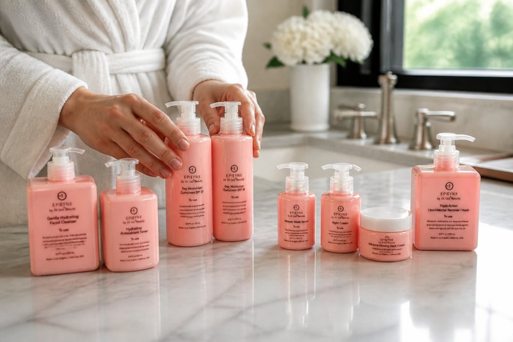 Person's hands holding multiple skincare bottles and jars arranged on a bathroom counter, organized by product type with morning and evening groupings, natural window lighting