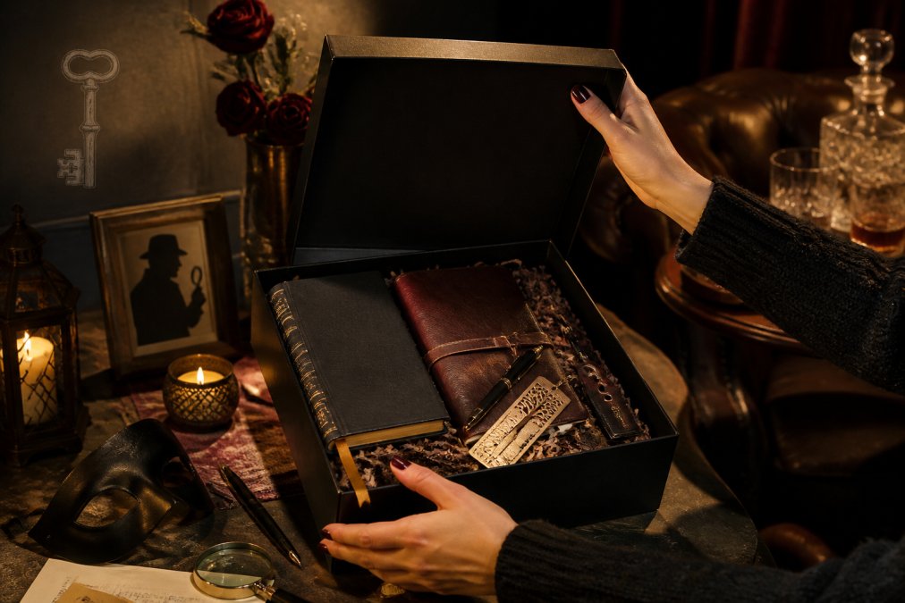 Close-up of hands carefully opening a beautifully arranged gift box with mystery book, leather journal, quality pens, and bookmarks visible inside, warm golden lighting from above