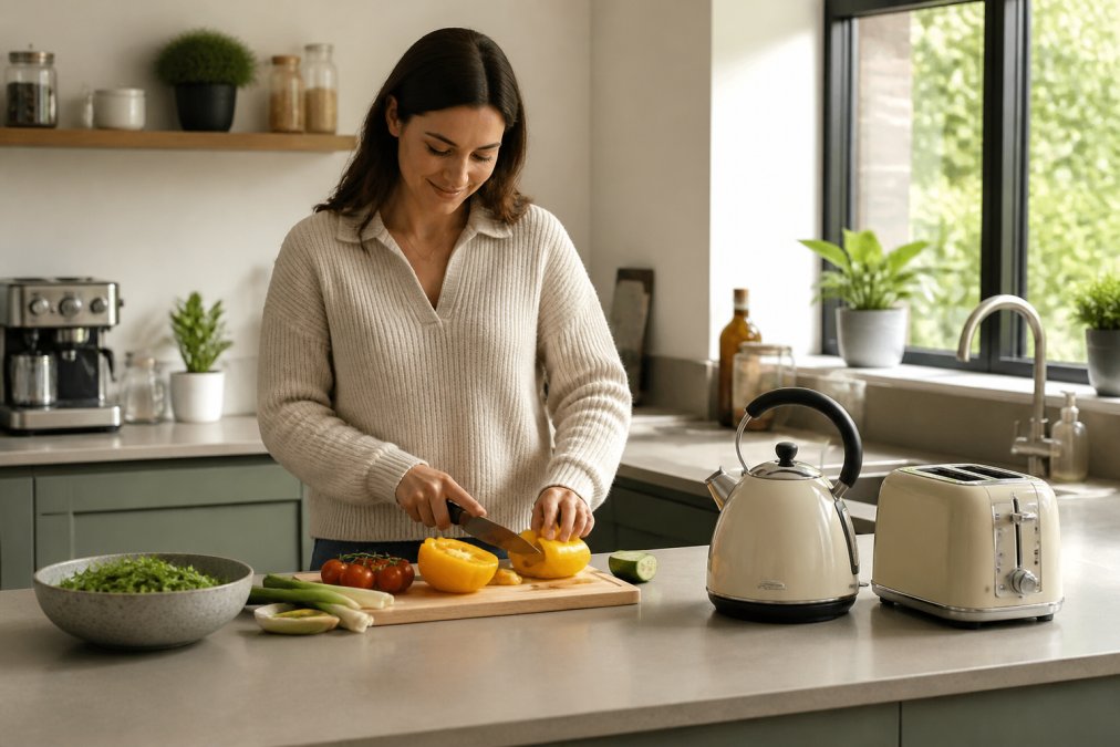 Modern kitchen with coordinated appliances visible on counter, person preparing food with a kettle and toaster, bright natural lighting, stainless steel and cream finishes, contemporary home setting