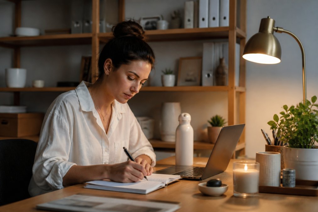 Person working at home workspace with carefully selected lifestyle products including desk lamp, wellness items, and organised shelving creating a calm, intentional environment