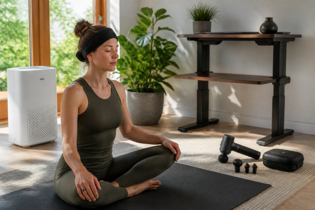 Person in a home wellness space wearing a meditation headband and health tracking ring, surrounded by curated equipment including a standing desk converter, massage recovery device, and air purifier, with morning natural light streaming through windows