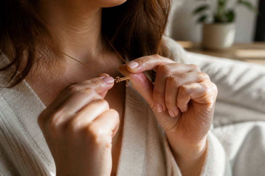 Close-up of a woman's hands holding a personalized name necklace with a delicate charm, soft natural light in a cozy home setting, warm and sentimental mood