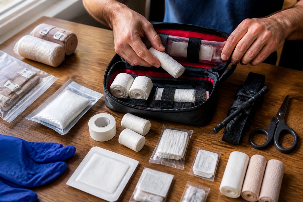 Step-by-step assembly process for custom medical kits featuring bandages, gauze, and a tourniquet on a table