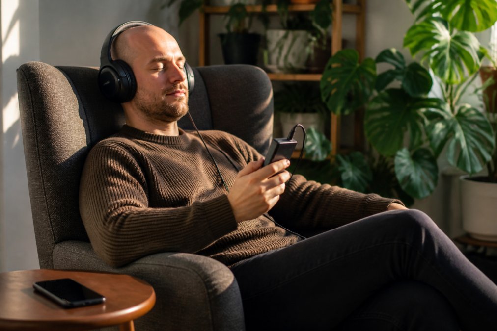 A person sitting in a cozy armchair wearing over-ear headphones, eyes closed, holding a dedicated digital audio player in one hand while a smartphone lies face-down on a side table nearby
