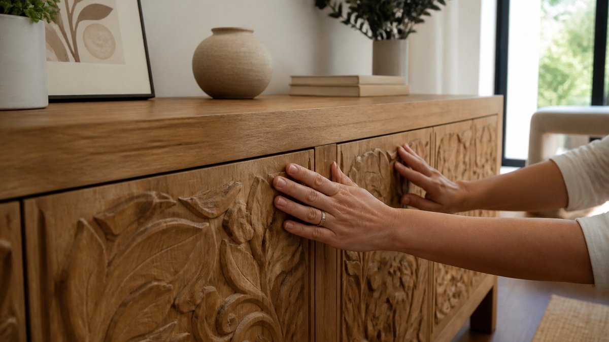 A close-up of hands running along the grain of a hand-carved acacia wood sideboard in a bright living room, with natural light highlighting the texture and floral carving details
