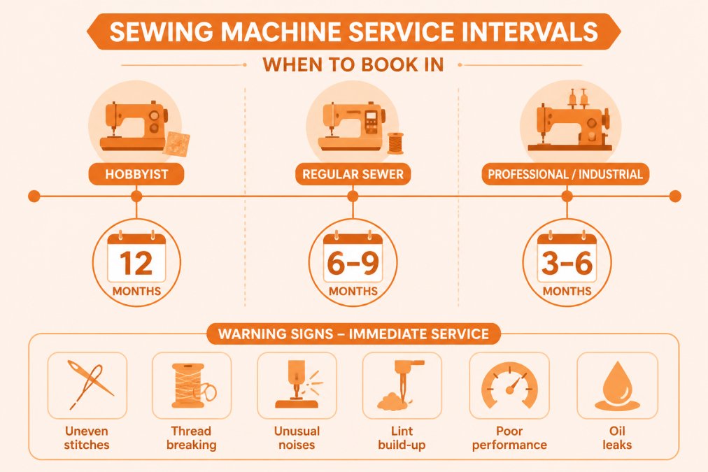 Timeline showing recommended sewing machine service intervals: hobbyist every 12 months, regular sewer every 6-9 months, professional or industrial every 3-6 months, with warning signs listed for immediate service