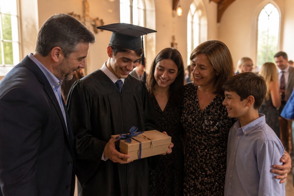 A graduate in a cap and gown holding a wrapped gift box with a small cross necklace resting on top, family gathered around in a church fellowship hall, warm afternoon light through tall windows