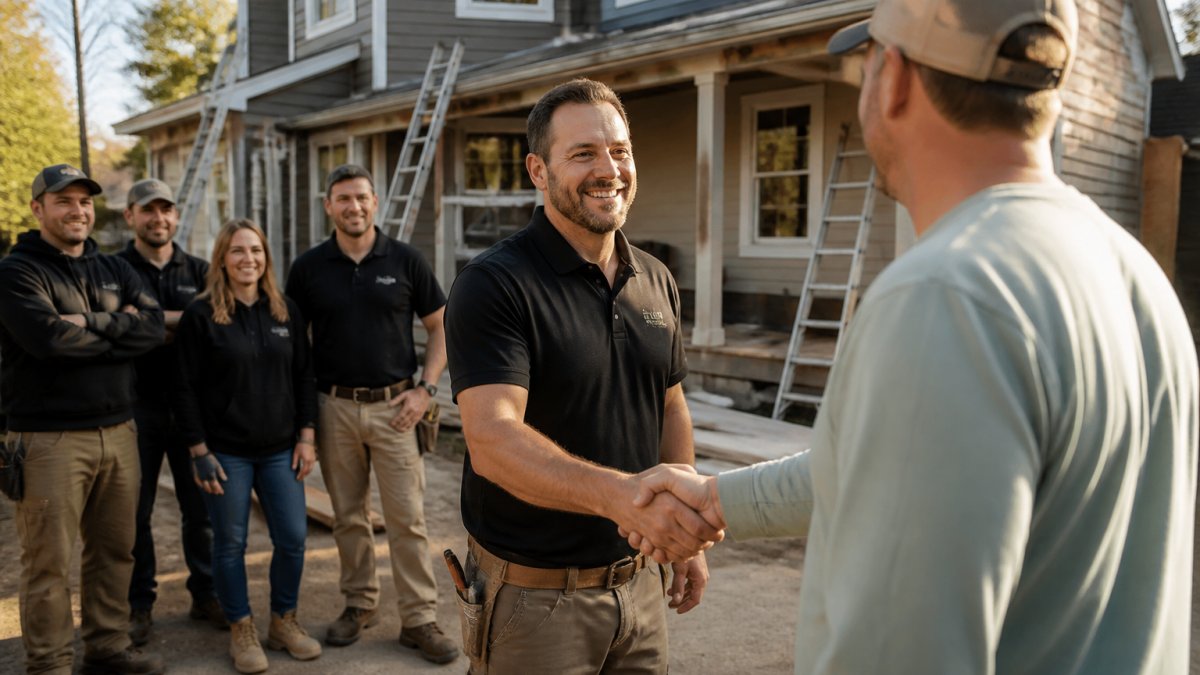 A family-run contractor team standing in front of a house under renovation, the owner shaking hands with a homeowner in the foreground, warm afternoon light, suburban driveway setting