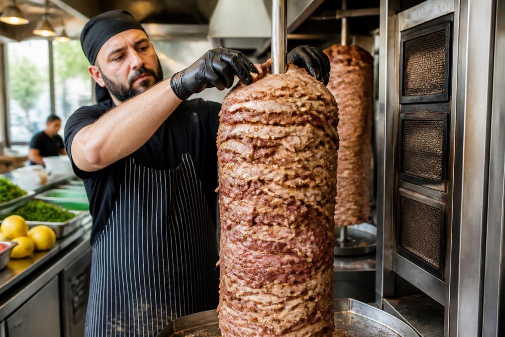 A close-up of a chef's hands layering seasoned meat onto a vertical rotisserie in a warm, busy restaurant kitchen, with fresh herbs and lemons visible on the counter