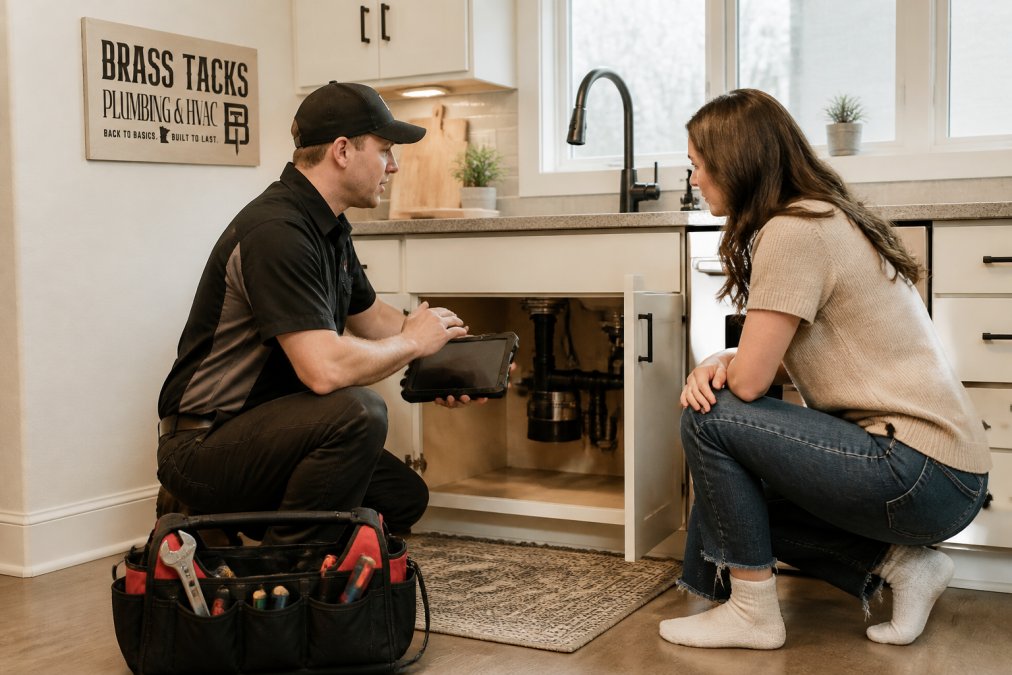 A plumbing technician in a clean uniform kneeling beside a homeowner's kitchen sink, explaining the repair on a tablet while the homeowner listens in a bright, lived-in kitchen