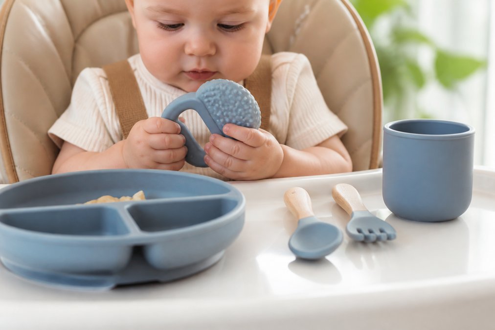 Close-up of baby's hands holding soft silicone teether while seated in high chair during mealtime, with colourful silicone feeding utensils visible on the tray in natural daylight