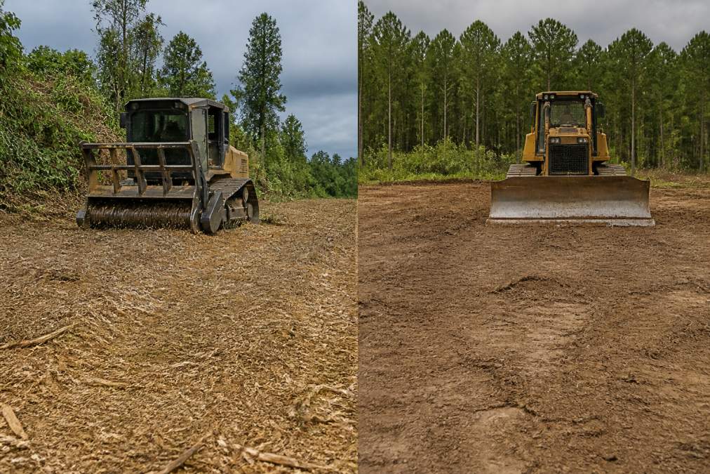 Professional forestry mulcher equipment actively clearing dense brush and overgrown trees in Virginia forest, leaving a rich mulch layer visible on the soil surface; contrasted with traditional bulldozer blade exposing bare, compacted earth