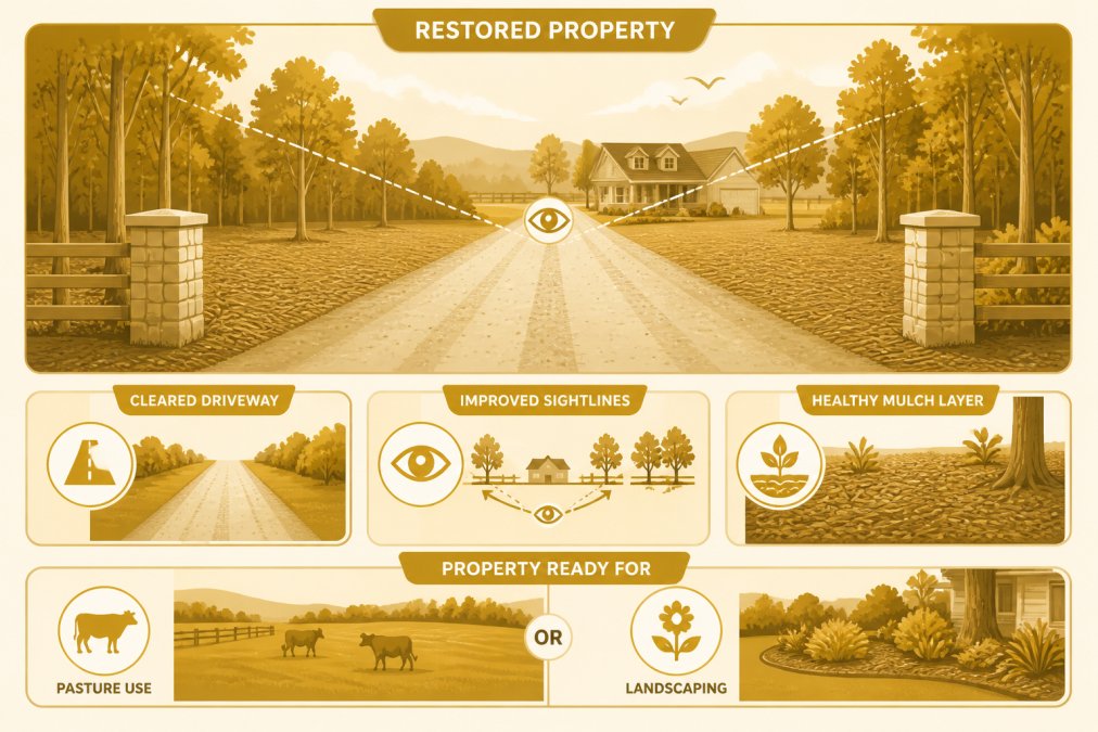Restored residential property in Central Virginia showing cleared driveway with improved sightlines through managed vegetation, healthy mulch layer covering the ground, and property ready for pasture use or landscaping
