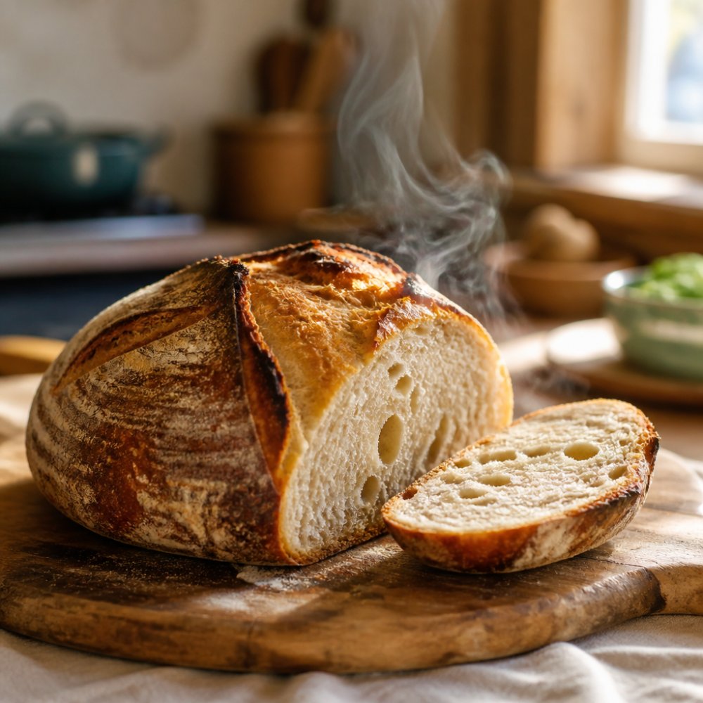 A rustic artisan sourdough loaf with a golden crisp crust resting on a wooden cutting board, steam rising from a freshly cut slice, warm kitchen light in the background