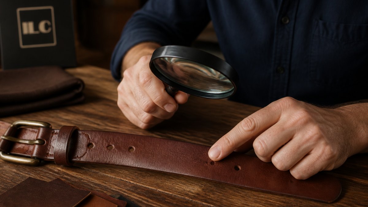 Close-up of a man's hands gently examining the surface of a full grain leather belt, pointing at natural grain and markings with a magnifying glass on a wooden table